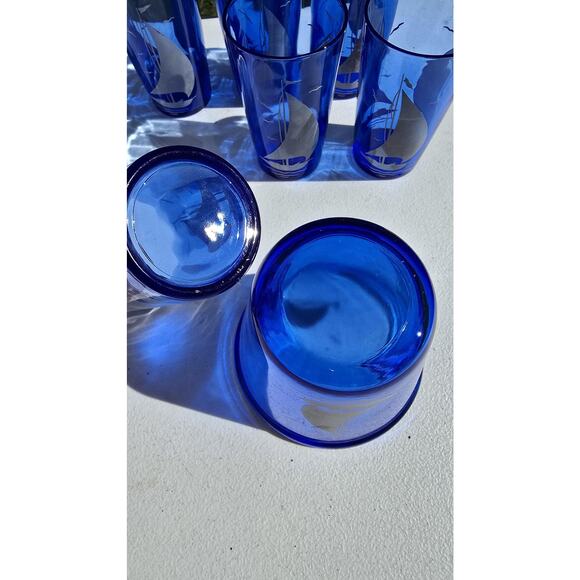 Hazel.Atlas Cobalt Blue Sailboat Set Ice Bucket and 6 Nautical Tumblers Coastal - Picture 7 of 7